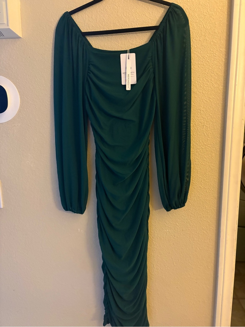 Long Sleeve Emerald Green Ruched Midi Dress